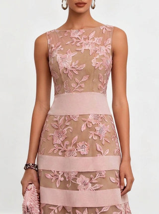 Vestito Midi Svasato Senza Maniche a Fiori in Rete Rosa