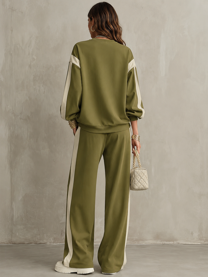 Sonia | Felpa Verde Oliva con Collo Girocollo e Pantaloni Larghi con Coulisse Set Casual