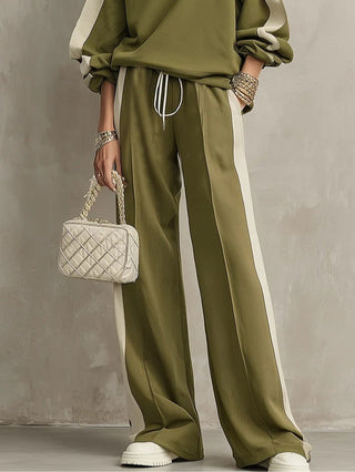 Sonia | Felpa Verde Oliva con Collo Girocollo e Pantaloni Larghi con Coulisse Set Casual