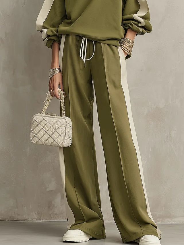 Sonia | Felpa Verde Oliva con Collo Girocollo e Pantaloni Larghi con Coulisse Set Casual