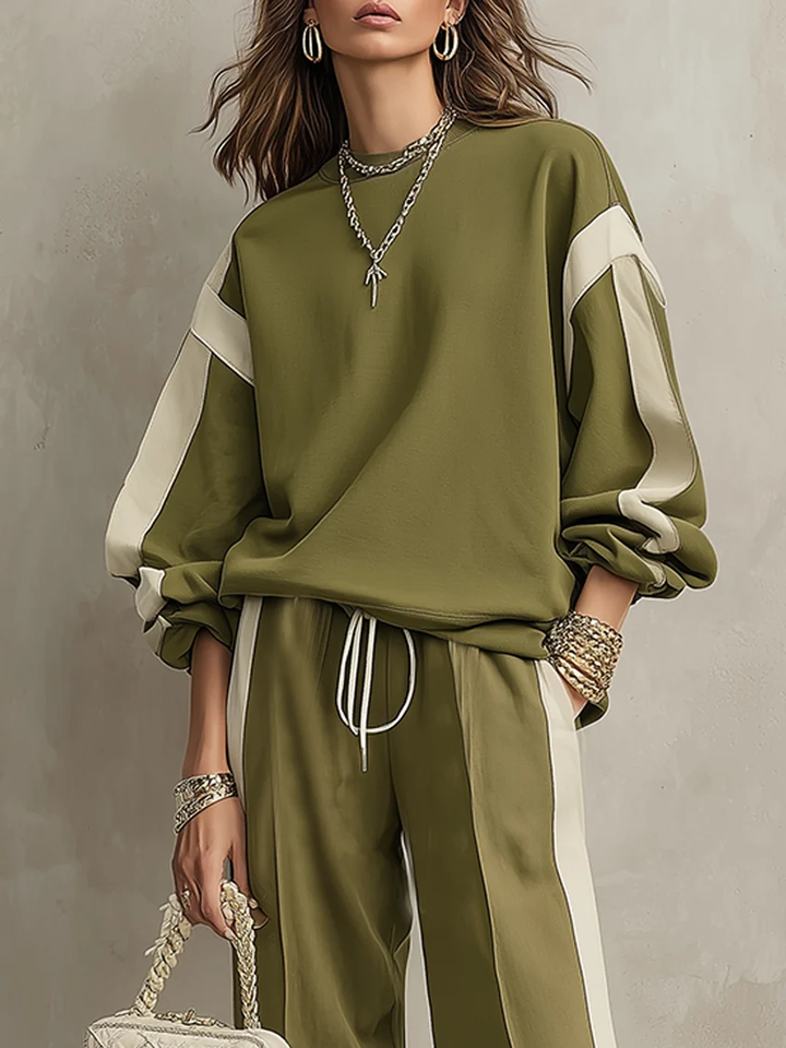 Sonia | Felpa Verde Oliva con Collo Girocollo e Pantaloni Larghi con Coulisse Set Casual