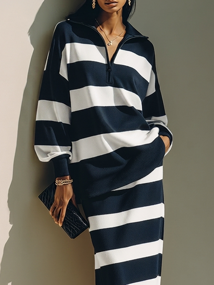 Completo Top e Gonna Midi a Collo Polo Striato con Mezzo Zip Blu Navy