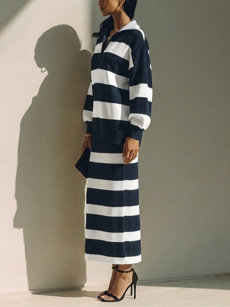 Completo Top e Gonna Midi a Collo Polo Striato con Mezzo Zip Blu Navy