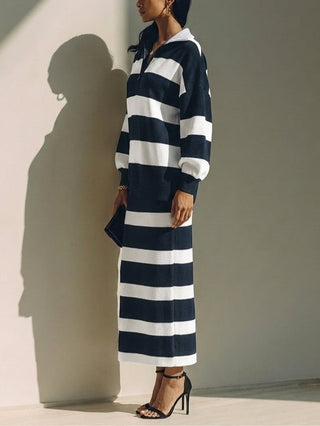 Completo Top e Gonna Midi a Collo Polo Striato con Mezzo Zip Blu Navy