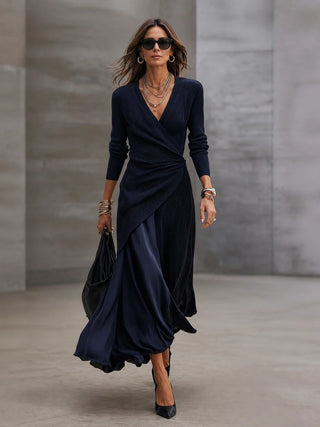 Loredana | Abito Maxi Asimmetrico con Scollatura a V e Pannelli in Raso Blu Navy
