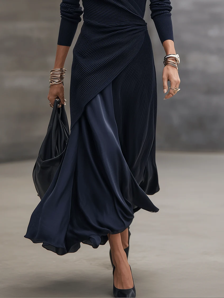 Loredana | Abito Maxi Asimmetrico con Scollatura a V e Pannelli in Raso Blu Navy