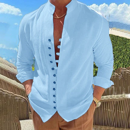 Camicia casual da uomo, colletto alla coreana, maniche lunghe