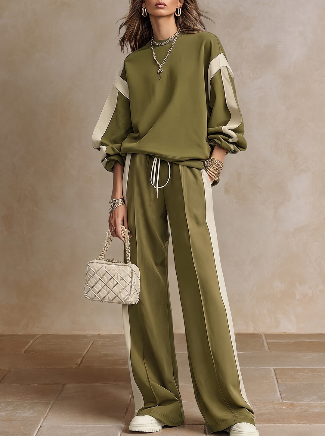 Sonia | Felpa Verde Oliva con Collo Girocollo e Pantaloni Larghi con Coulisse Set Casual