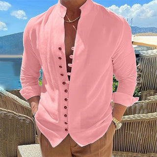 Camicia casual da uomo, colletto alla coreana, maniche lunghe