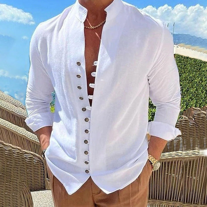 Camicia casual da uomo, colletto alla coreana, maniche lunghe