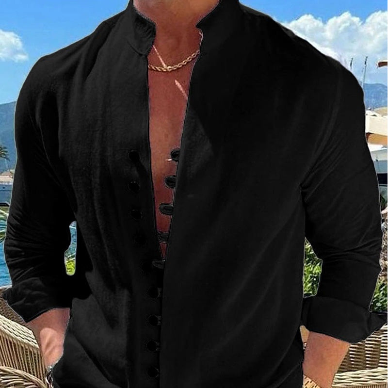 Camicia casual da uomo, colletto alla coreana, maniche lunghe